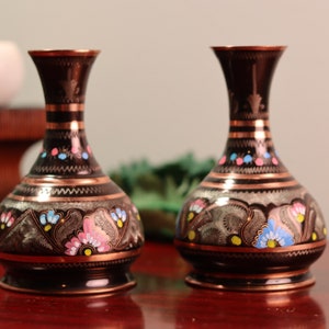 Set of 2 Matching Colorful Handpainted & Etched Decorative Copper Flower Vases