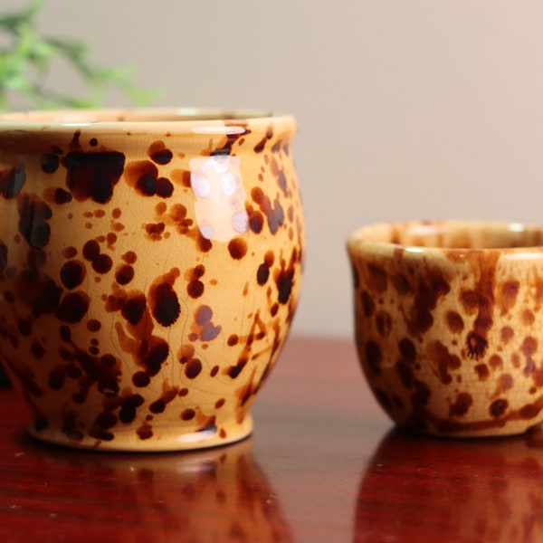 Rare Antique Rockingham Yellow-ware Spotted Mustard and Brown Ceramic Indoor Pots | Made in England