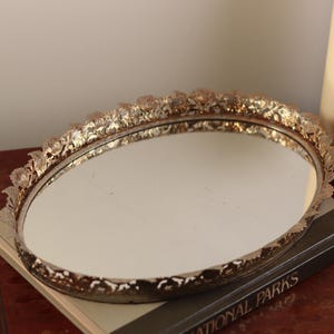 Vintage 60&#39;s Hollywood Regency Style Gold Brass Lotus Floral Filigree Vanity Makeup Tray or Wall Mirror