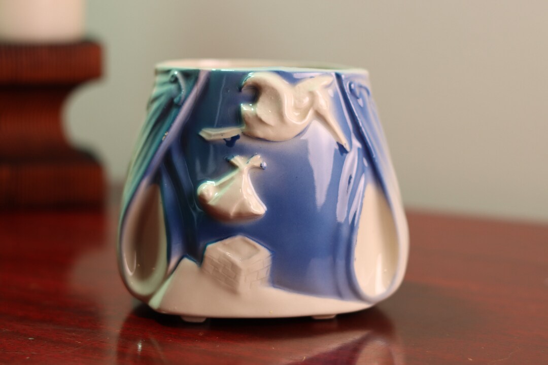 One of a Kind Vintage Blue Baby Diaper Indoor Planter Pot With Stork