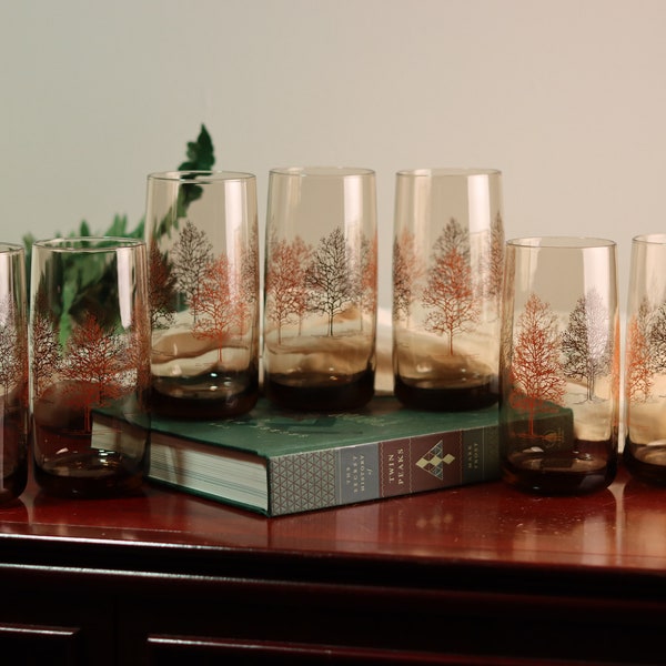 Vintage 1970s Clear Brown Tawny Trees Glass Tumblers | Forest Fall Scenery Barware