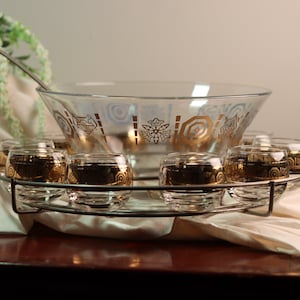 22K Gold MCM Grecian Patterned Punch Bowl with Glasses