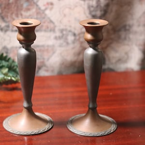 Set of 2 Colonial Style Antique Pewter & Nickel Pillar Candleholders with Decorative Trimmed Foot