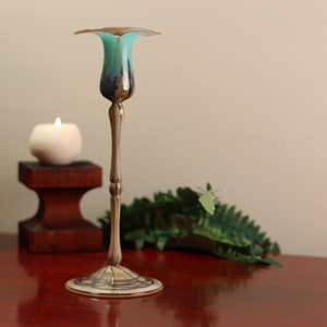 One of a Kind Tall Handblown Glass Blue & Brown Floral Tulip Candleholder with Artist Signature