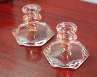 Set of 2 Short Light Pink Pressed Candlestick Holders with Etched Pattern