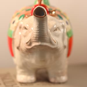 Vintage Japanese Hand-painted Porcelain Ceramic Bohemian Elephant Teapot with Bamboo Handle