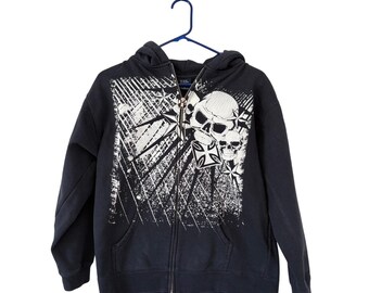 Sudadera con capucha azul marino estilo vintage Y2K extragrande con estampado de calavera y cruz de hierro, talla L