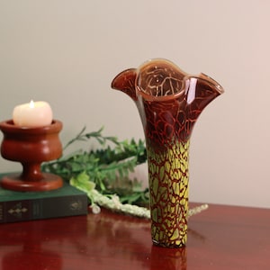 Vintage Flared Green & Red Firestorm Murano Style Art Vase | Crackle Pattern Floral Decor