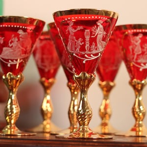 Rare Set of 6 Ruby Red & Gold Gilt Stemmed Italian Wine Glasses w/ Grecian Figural Scene | Decorative Barware Glassware Set