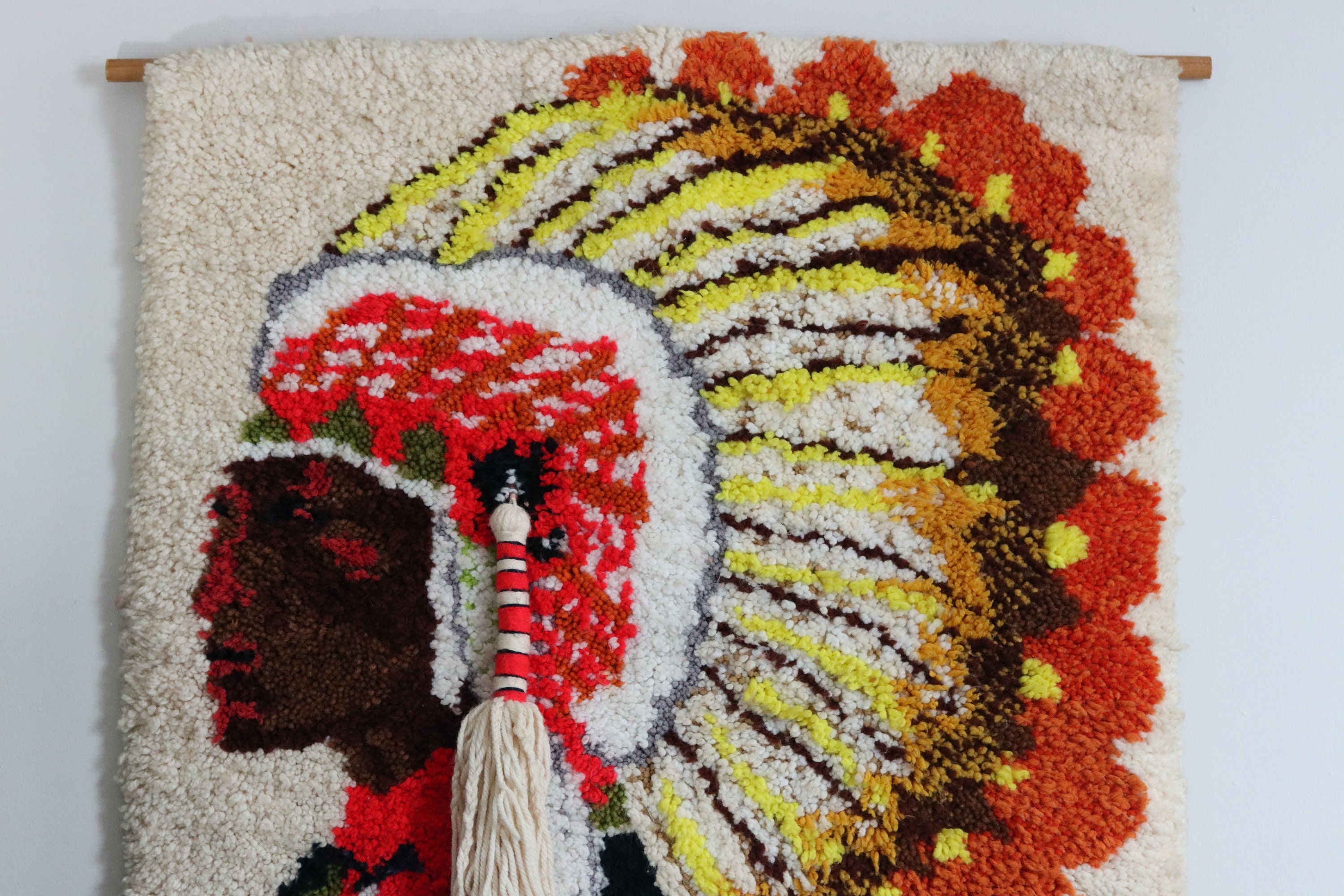 Vintage Native Indian 1970s Yarn Wall Tapestry | Latch Hook