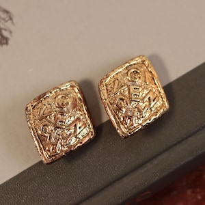 Vintage Gold Plated Designer Givenchy Paris Diamond Shaped Namesake Clip On Statement Earrings