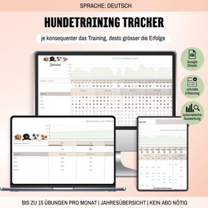 Puede incluir: Un rastreador digital de entrenamiento canino que se muestra en una computadora portátil, una tableta y un teléfono. Las pantallas muestran gráficos y tablas para rastrear el progreso. El texto incluye "HUNDETRAINING TRACKER".