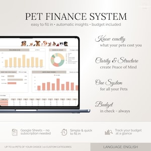 May include: A laptop screen displays a pet finance system with charts and graphs. The text reads "PET FINANCE SYSTEM" and highlights features like automatic insights and budget inclusion. The system tracks expenses and provides clarity.