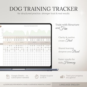 Könnte beinhalten: Ein Laptop-Bildschirm mit einem Hundetrainings-Tracker. Der Tracker enthält ein Diagramm zur Verfolgung des Trainingsfortschritts mit dem Text "DOG TRAINING TRACKER" oben. Zusätzlicher Text lautet "Train with Structure and Fun."