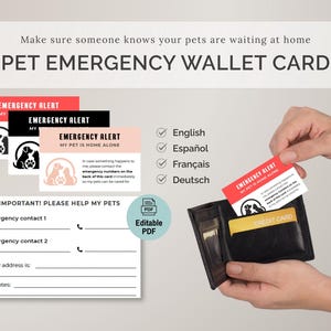 Pet Emergency Wallet Card | Emergency Pet Card | Editable PDF, print-ready | 4 Languages | Dog & Cat Emergency Contact information for purse