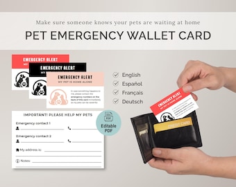 Pet Emergency Wallet Card | Emergency Pet Card | Editable PDF, print-ready | 4 Languages | Dog & Cat Emergency Contact information for purse