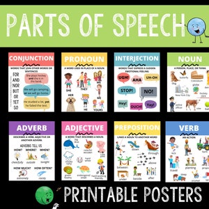 Teile der Sprache druckbare Poster Set | 8 Wortarten | Nomen Verb Adjektiv Adverb Präposition Interjektion Pronomen Konjunktion | Grammatik