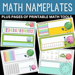 May include: Printable math nameplates with colorful cartoon characters and various math tools, including a number line, fraction chart, multiplication chart, protractor, and clock. The nameplates have lined spaces for writing names.
