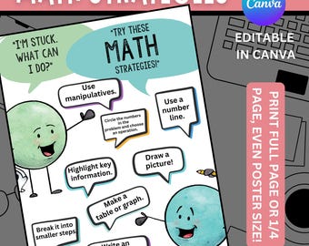 Math Strategies Reminder poster | Printable | Interactive notebook | Editable in Canva! |