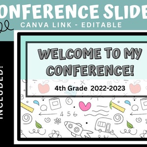 Puede incluir: Una diapositiva de bienvenida azul verdoso y blanca para una conferencia de 4º grado. La diapositiva tiene el texto "¡Bienvenido a mi conferencia!" y "4º Grado 2022-2023". El fondo es un patrón blanco de garabatos relacionados con la escuela.