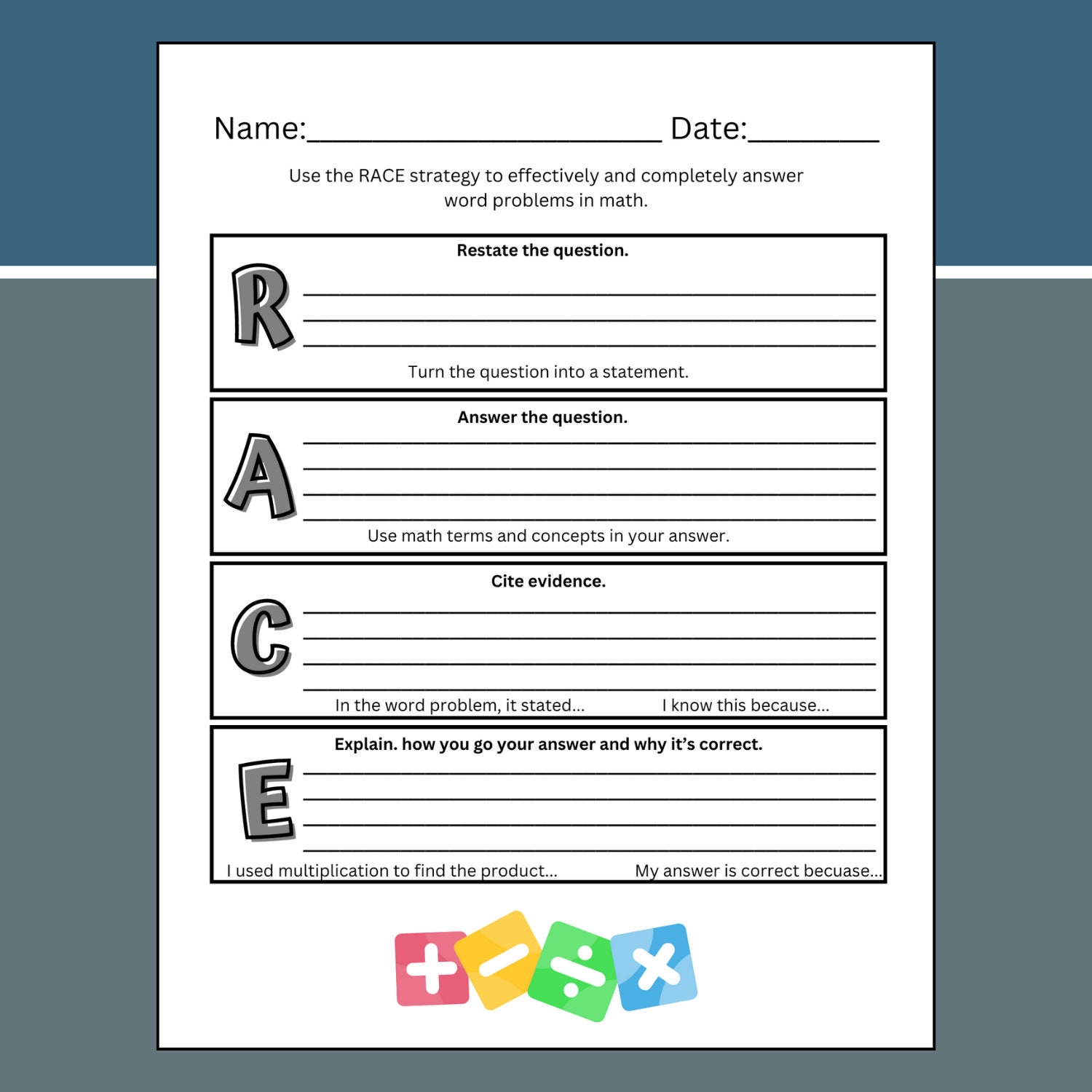 Math Race Test RACE Math Strategy Worksheet: Word Problem Responses (PDF) - Etsy