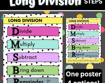 Póster imprimible de pasos de división larga / Ayuda visual matemática / Dispositivo mnemotécnico / Dividir, multiplicar, restar, bajar, repetir o resto /