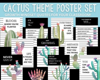 Classroom Poster Set Cactus Theme | 10 growth mindset posters included | positive quotes for kids | printables | colorful cactus succulents