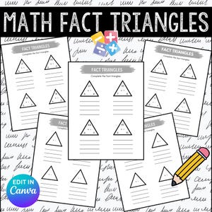 Puede incluir: Hojas de trabajo imprimibles en blanco y negro con el título "Math Fact Triangles". Las hojas de trabajo presentan triángulos con números en cada esquina y líneas para que los estudiantes puedan escribir los números que faltan para completar los hechos de multiplicación.