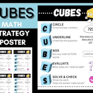 Può includere: Un poster blu e giallo con la parola "CUBES" in grandi lettere nere. Il poster delinea una strategia matematica chiamata "CUBES" con i passaggi: Cerchia, Sottolinea, Incornicia, Valuta, Risolvi e Controlla. Il poster include un personaggio di cubo dei cartoni animati.