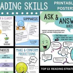 Puede incluir: Un conjunto de 10 carteles coloridos con ilustraciones de personajes de dibujos animados. Cada cartel presenta una habilidad de lectura diferente, como monitorear y aclarar, resumir, hacer preguntas y responderlas, sintetizar y hacer y confirmar predicciones. Los carteles se titulan "Las 13 mejores estrategias de lectura".