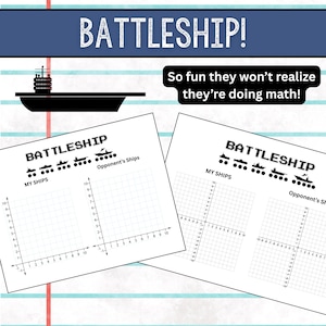 Puede incluir: Un tablero de juego de Batalla Naval con la palabra "BATTLESHIP!" en una pancarta azul. El tablero incluye una cuadrícula para "MY SHIPS" y "Opponent's Ships". También está presente el texto "So fun they won't realize they're doing math!".