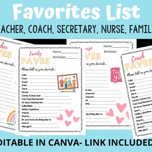 Favorites List for Staff | Teachers | Coach | Nurse | Secretary | Family | Editable in Canva | Team building | Staff morale | Secret Pal |