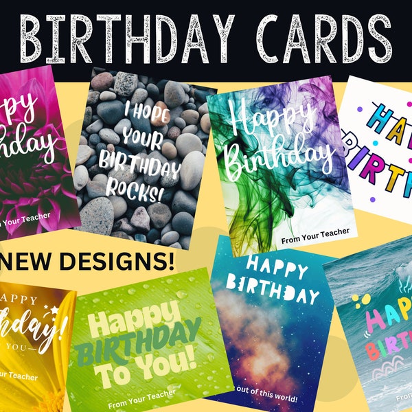 16 Birthday cards From Teacher to Student | Colorful, bright, fun | Quarter page and full page sizes included | Happy Birthday printable |