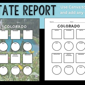 May include: A printable worksheet with a blank template for learning about a state. The worksheet has sections for the state's capital, nickname, motto, bird, tree, flower, population, date of statehood, resources, size, quarter, and song. The worksheet is titled "State Report" and has a picture of a lake and mountains in the background.