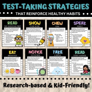 Test-Taking Strategies | 18 Colorful Kid-Friendly Posters | Printables | Standardized Testing | Growth Mindset | Health and Wellness |