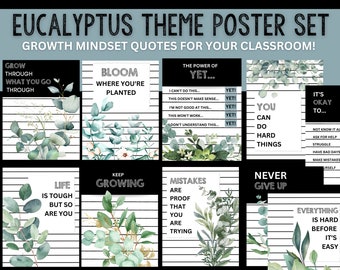 Set klaslokaalposters met eucalyptusthema | Groeimindset | 10 afdrukbare items | Positieve citaten | Klasdecoratie |