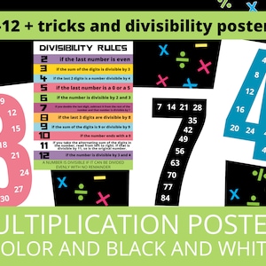 May include: A set of colorful multiplication posters featuring the numbers 3, 4, and 7. The posters include divisibility rules for numbers 2 through 12. The posters are titled "1-12 + tricks and divisibility posters" and "MULTIPLICATION POSTERS COLOR AND BLACK AND WHITE".