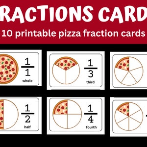 Imprimibles de fracciones con imagen de pizza / Fracciones y palabras / Enseñanza de fracciones / Pósteres, letreros, cuadernos / Matemáticas /