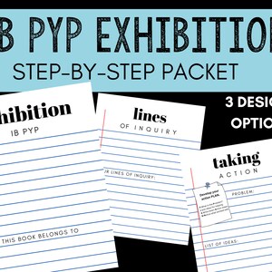 Op de afbeelding: Drie printbare ontwerpen voor een IB PYP-tentoonstelling. De ontwerpen zijn getiteld "tentoonstelling", "lijnen van onderzoek" en "actie ondernemen". Elk ontwerp heeft gestreept papier met een titel en ruimte om te schrijven.