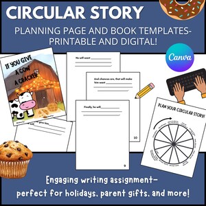 May include: A collection of printable and digital circular story planning pages and book templates. The image includes a book cover with a cow illustration, writing prompts, a circular story planning chart, and a muffin.