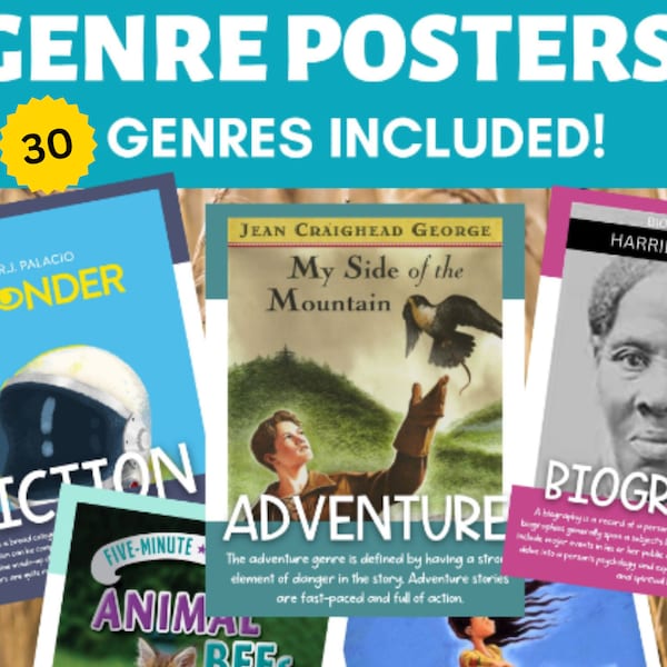 Genre Posters | 30 genres included! Literature | Library Skills | Fiction | Non-Fiction | Reading | ELA | Sports | Graphic Novels | Comic |
