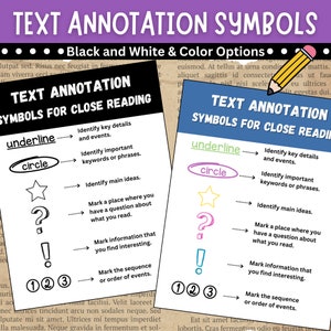 May include: Two black and white posters with text annotation symbols for close reading. The symbols include an underline, circle, star, question mark, exclamation point, and numbers 1, 2, and 3. Each symbol is paired with a description of its use in close reading.