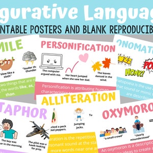Paquete de lenguaje figurativo / Carteles imprimibles / ELA / Figuras del habla / Literatura / Artes del lenguaje / Aliteración de metáforas símiles /