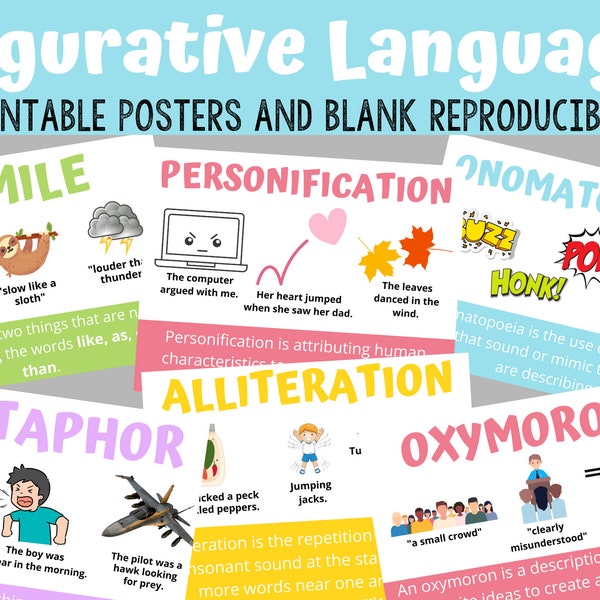 Figurative Language Bundle | Posters Printables | ELA | Figures of Speech | Literature | Language Arts | Simile Metaphor Alliteration |