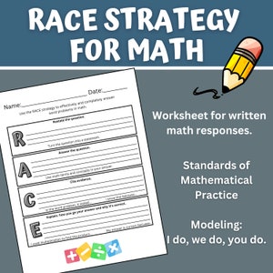 Puede incluir: Una hoja de trabajo imprimible en blanco y negro con el texto "RACE STRATEGY FOR MATH" en la parte superior. La hoja de trabajo está dividida en cuatro secciones etiquetadas como "R", "A", "C" y "E". Cada sección tiene una indicación para responder a problemas de palabras matemáticas. La hoja de trabajo también incluye el texto "Standards of Mathematical Practice" y "Modelado: Yo hago, nosotros hacemos, tú haces."
