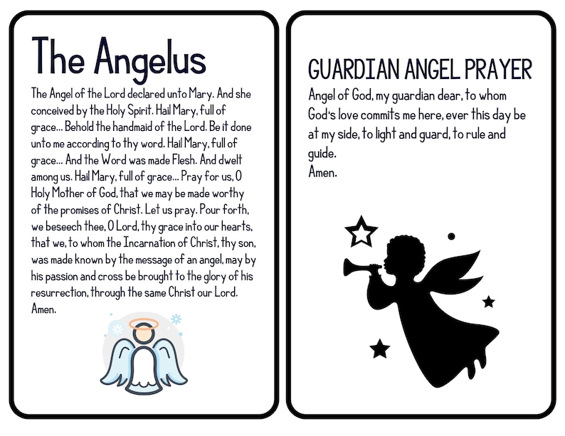 Peut inclure: Deux cartes &agrave; bordures noires. L'une porte le texte "The Angelus" et la pri&egrave;re. L'autre porte le texte "GUARDIAN ANGEL PRAYER" et la pri&egrave;re. Une silhouette d'ange jouant de la trompette est sur la deuxi&egrave;me carte.