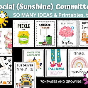 May include: A collection of printable classroom posters with themes like National Tea Day, National Pickle Day, Pajama Day, and Custodian Breakfast. The posters feature bright colors, illustrations, and fun text.