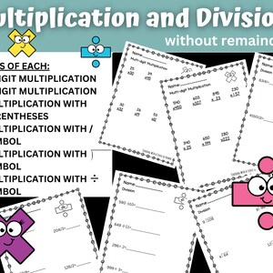 Może przedstawiać: Edukacyjne arkusze ćwiczeń do mnożenia i dzielenia, bez reszty. Obraz przedstawia kilka stron z zadaniami matematycznymi, w tym mnożenie 2- i 3-cyfrowe oraz zadania z dzielenia. Arkusze są przeznaczone do celów edukacyjnych.