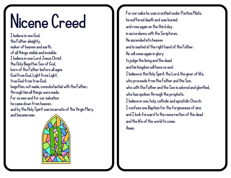 Peut inclure: Document de deux pages avec le texte "Nicene Creed". Le texte est une d&eacute;claration de foi chr&eacute;tienne, avec une illustration de vitrail color&eacute; au bas de la premi&egrave;re page.