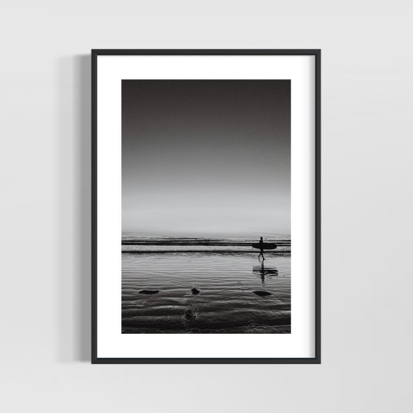 Surfer at Sunset | Black and White Print | Surf Print | Digital Download | Coastal Wall Art